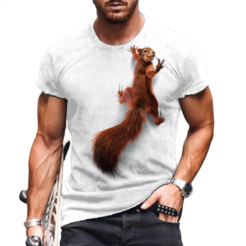 Summer Lovely Squirrel Print Men's T-shirts Wild Animal Pattern Casual Crew Neck Loose Short Sleeve Tops Oversized Men Clothing