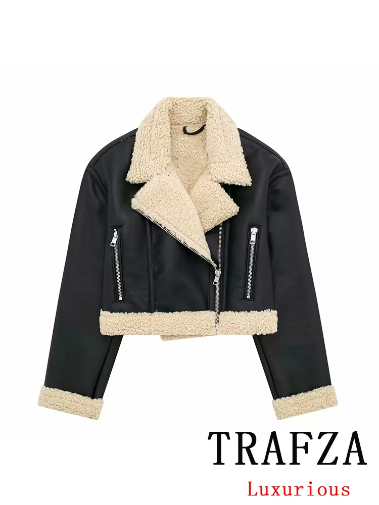 

TRAFZA Vintage Casual Chic Women Jackets Zipper Fur Turn-down Collar Double Sided Loose Coats Fashion 2024 Autumn Winter Outwear