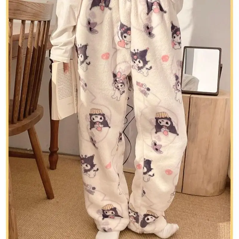 

Sanrio Kuromi Women Y2K Sleeping Pant Kawaii Cartoon Winter Pajama Pants Coral Fleece Warm Sleepwear Trouser Casual Homewear New