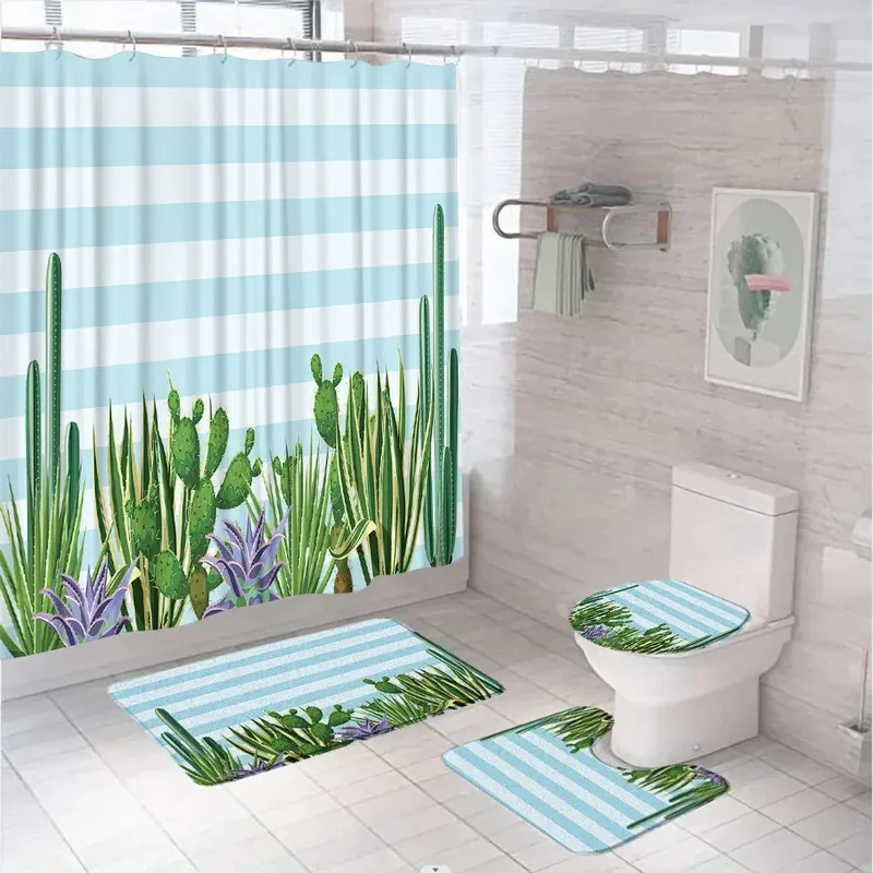 

HKL22Tropical Plant Succulent Cactus Shower Curtain Sets Garden Rural Flower Bathroom Screen Flannel Carpet Rug Bath Mat Toi3Lh!