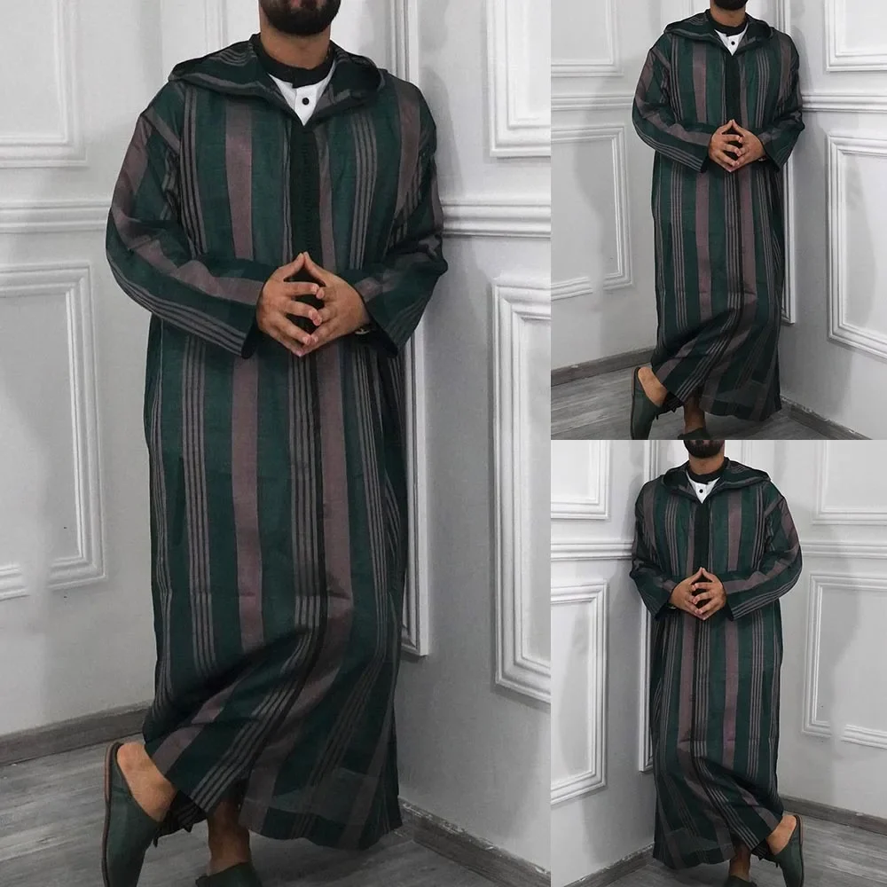 Clothes Men Robe Summer Thobe V Neck Arabic Vintage Caftan Dubai Hooded Kaftan Men Kaftan Patchwork Saudi Arab