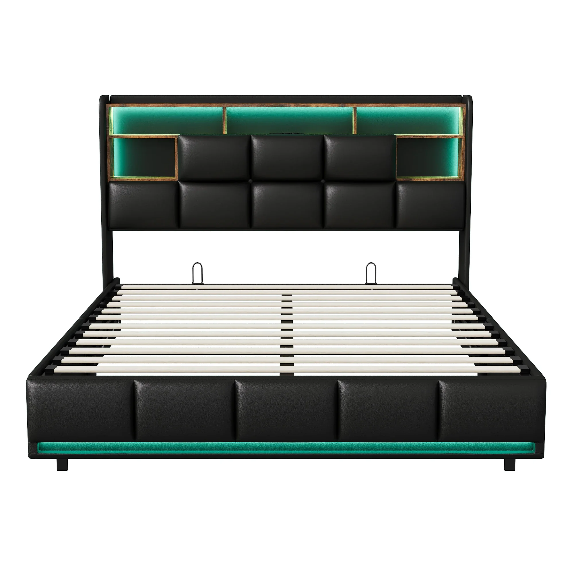 Rosahqnda Gepolsterter Bettrahmen, Erwachsenenbett mit hydraulischer Hebefunktion, Stauraumbett mit LED-Beleuchtung, Ladeanschluss