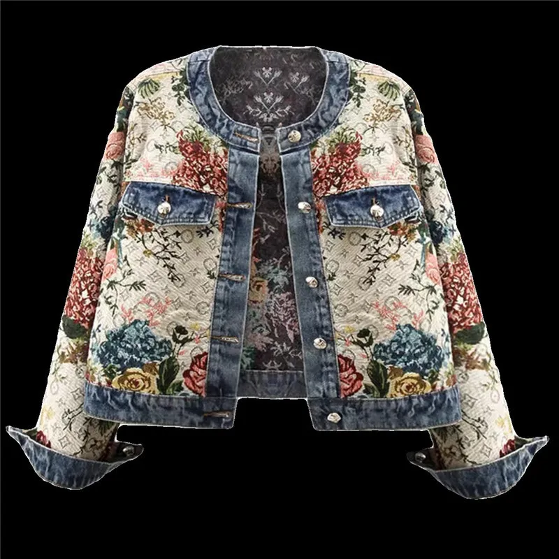 Autumn New Vintage Jacquard Long-Sleeved O-Neck Denim Coat Women Fashion Short Splice Jeans Jacket Female Loose Outerwear B021