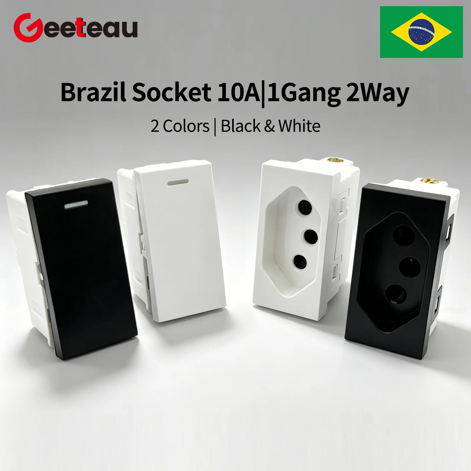 Módulo de Interruptor de Enchufe Estándar Brasileño Geeteau Serie 118 4*2 Negro Blanco 10A, Combinación Libre de Cobre Grande, Juego de 3 Piezas para Enchufe de Pared