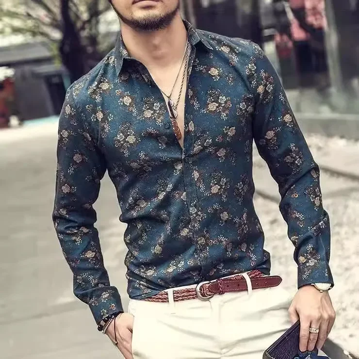 قميص مرن بأربعة جوانب وأكمام طويلة على الطراز الكوري مطبوع عليه زهور بقصة ضيقة ملابس رجالية غير رسمية لربيع الخريف والصيف #2