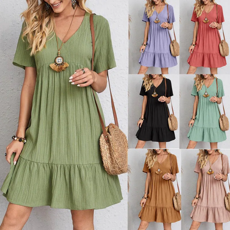 Summer Womens Short Sleeve Mini Dress Ladies Pleated Ruffle Solid Dresses Casual V Neck Vintage Loose Vestidos