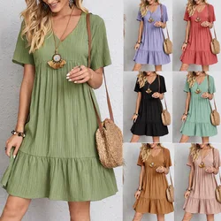 Summer Womens Short Sleeve Mini Dress Ladies Pleated Ruffle Solid Dresses Casual V Neck Vintage Loose Vestidos