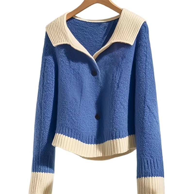 

2025 New Autumn Winter Blue Lapel Sweater Women's Cardigan Wear Long Sleeve Knitwear Jacket Female Casual Wild Sweaters Ladies