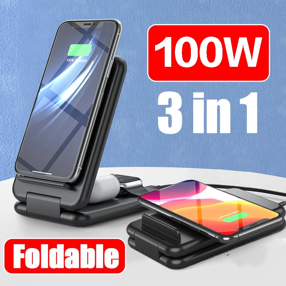 100W Foldable 4 in 1  Fast Wireless Charger Stand For iPhone 13 12 14 Apple Watch Charging Dock Station for Airpods Pro iWatch