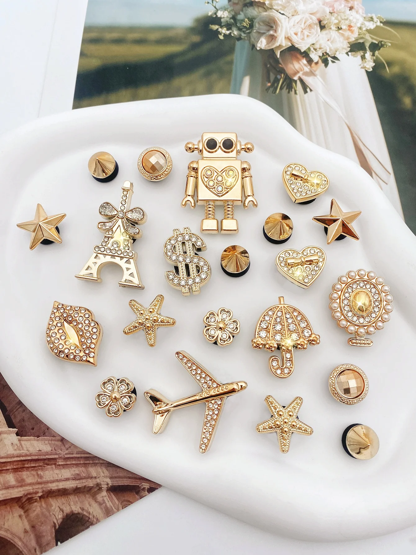 21 قطعة من الروبوت الذهبي، طائرة ماسية نقطية، شفاه، مظلة، قلب، مرآة لؤلؤ ABS، برج فلاش ناعم، نجم البحر، زهرة، فاي #4