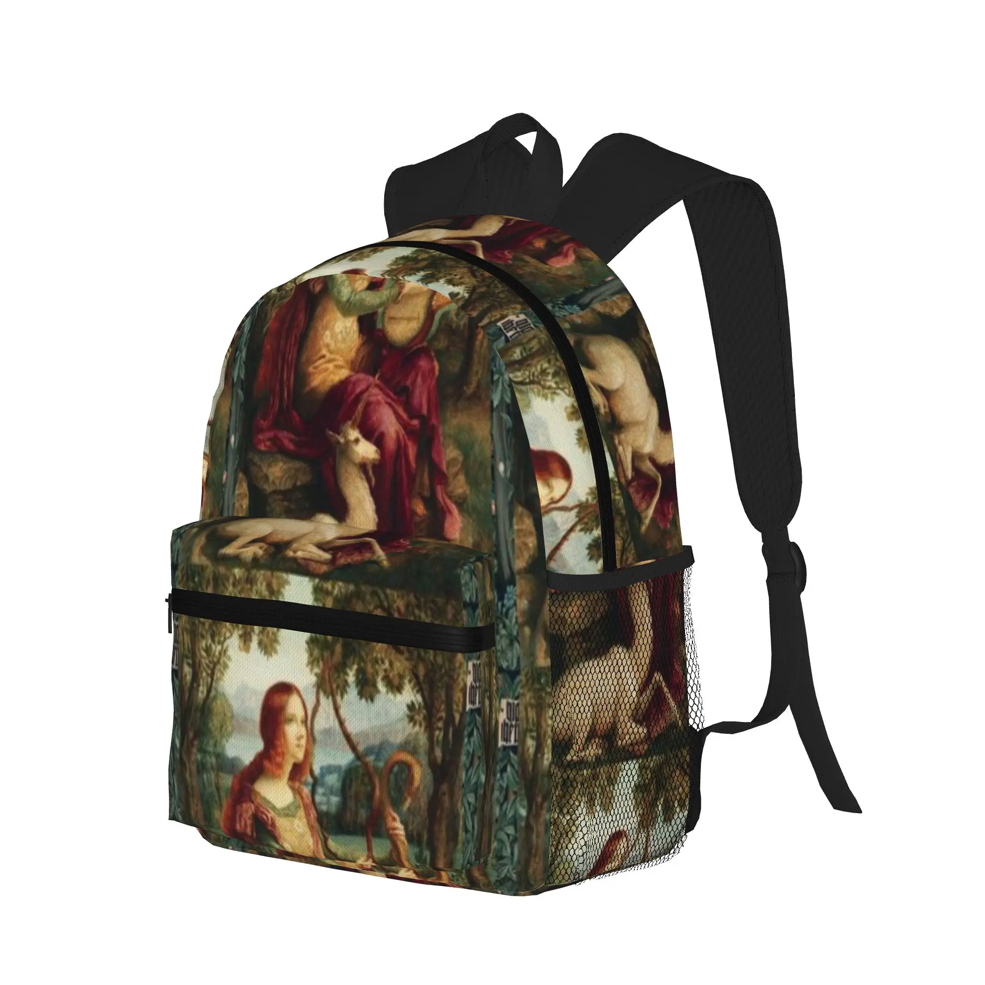 UNICORN AND LADY PLAYING LYRA  FOREST ANIMALS  FOX  DOES IN GREEN FLORAL  Casual Backpack for Students and Adults Backpacks