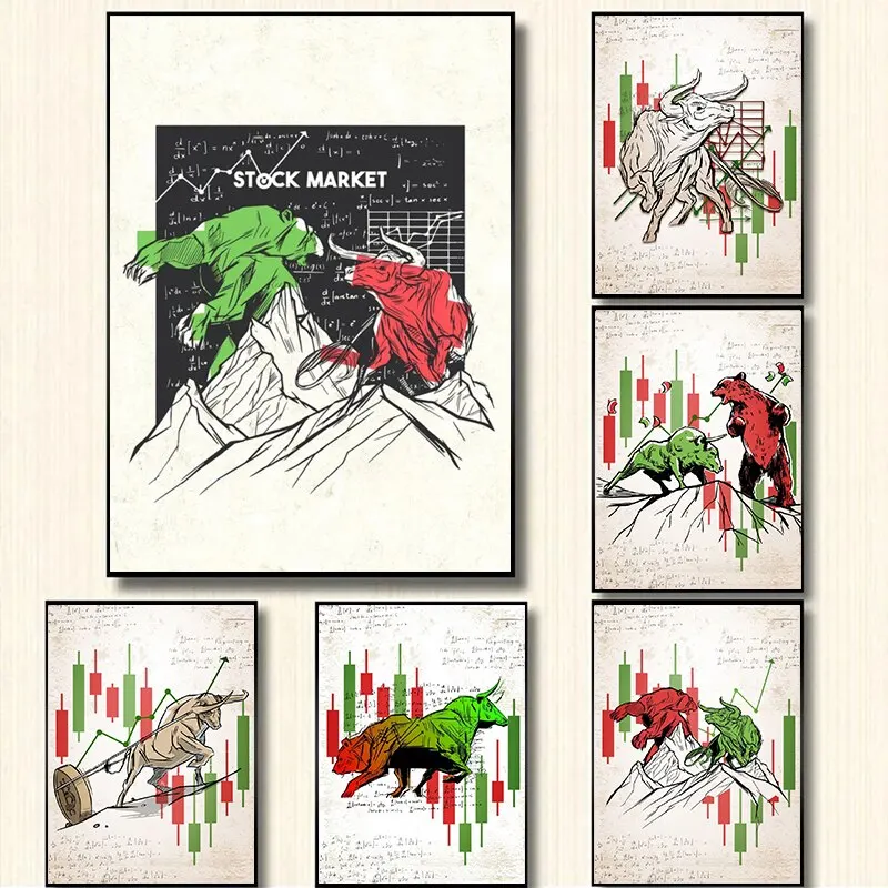 سوق الأسهم الثور الدب قماش جدار الفن تحفيزية التجارة ملصق لغرفة المعيشة وديكور المكتب
