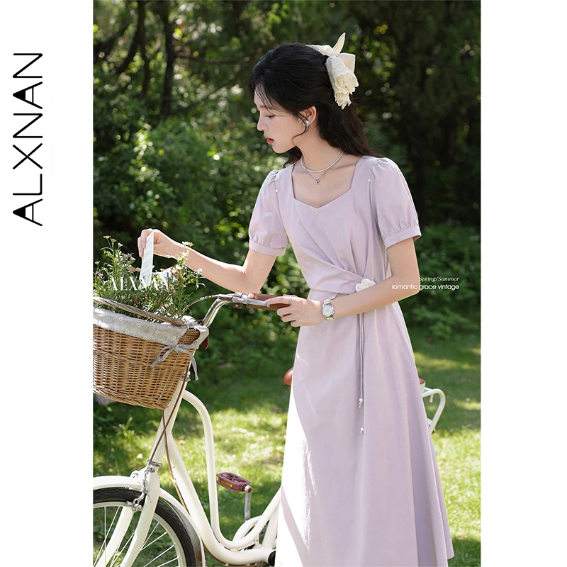 ALXNAN プラスサイズのドレスパープルエレガントなスクエアネックロングパフスリーブホリデー女性のドレスカジュアルパーティーレディース服 D11199