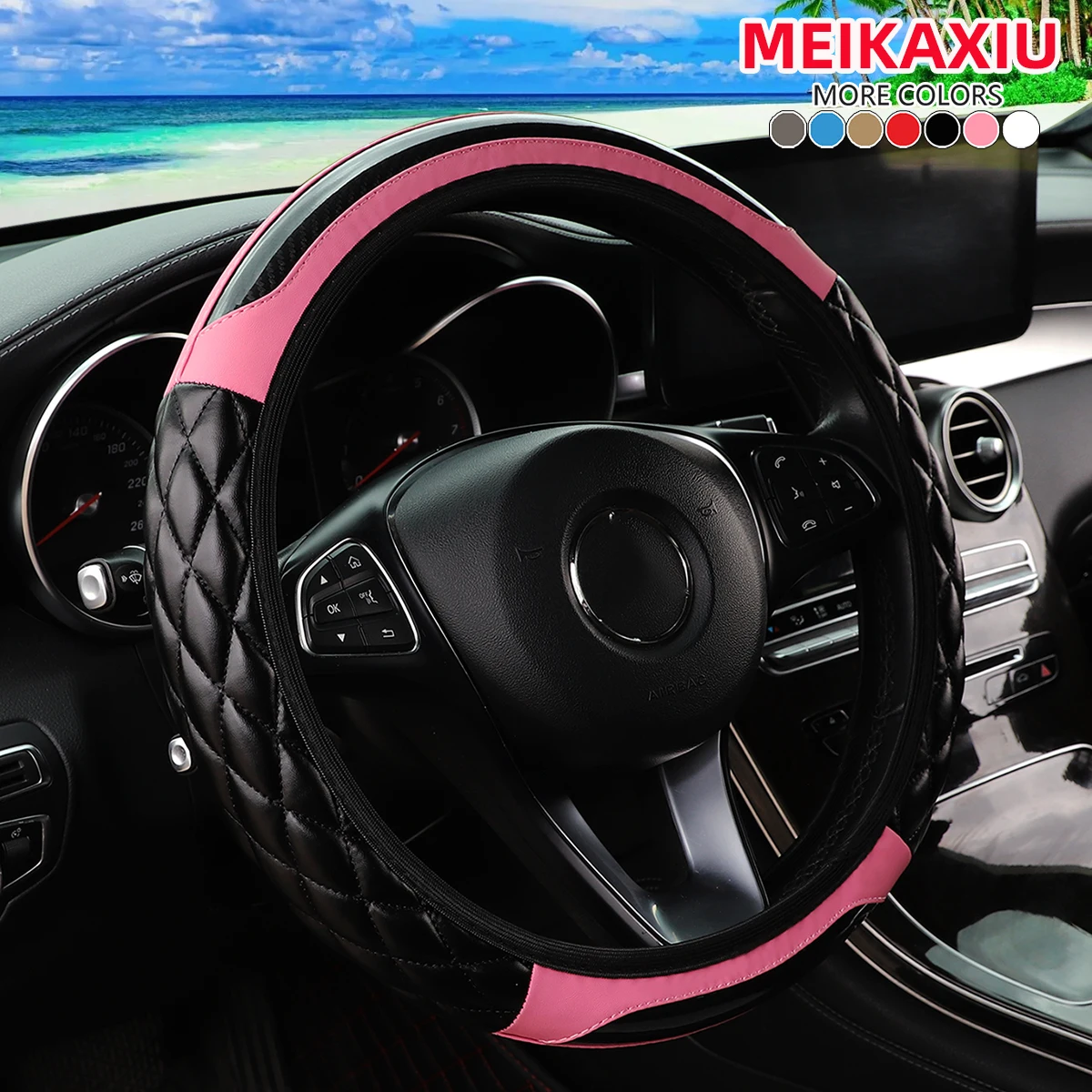 1 crystal carbon fiber embroidered leather automotive steering wheel cover without inner rim for 14.5-15 inchcar accessories
