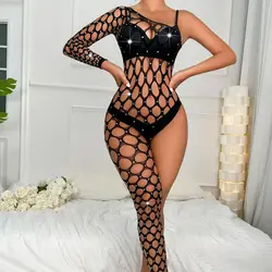 Women's handmade sparkling sexy underwear single-sleeved leg jumpsuit