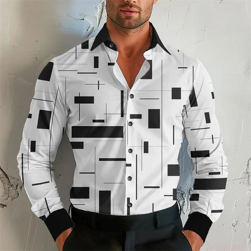 

2026 New Style Black and White Geometric Pattern Color Block Long-Sleeve Shirt for Men, Stylish Collared Cardigan Casual Top