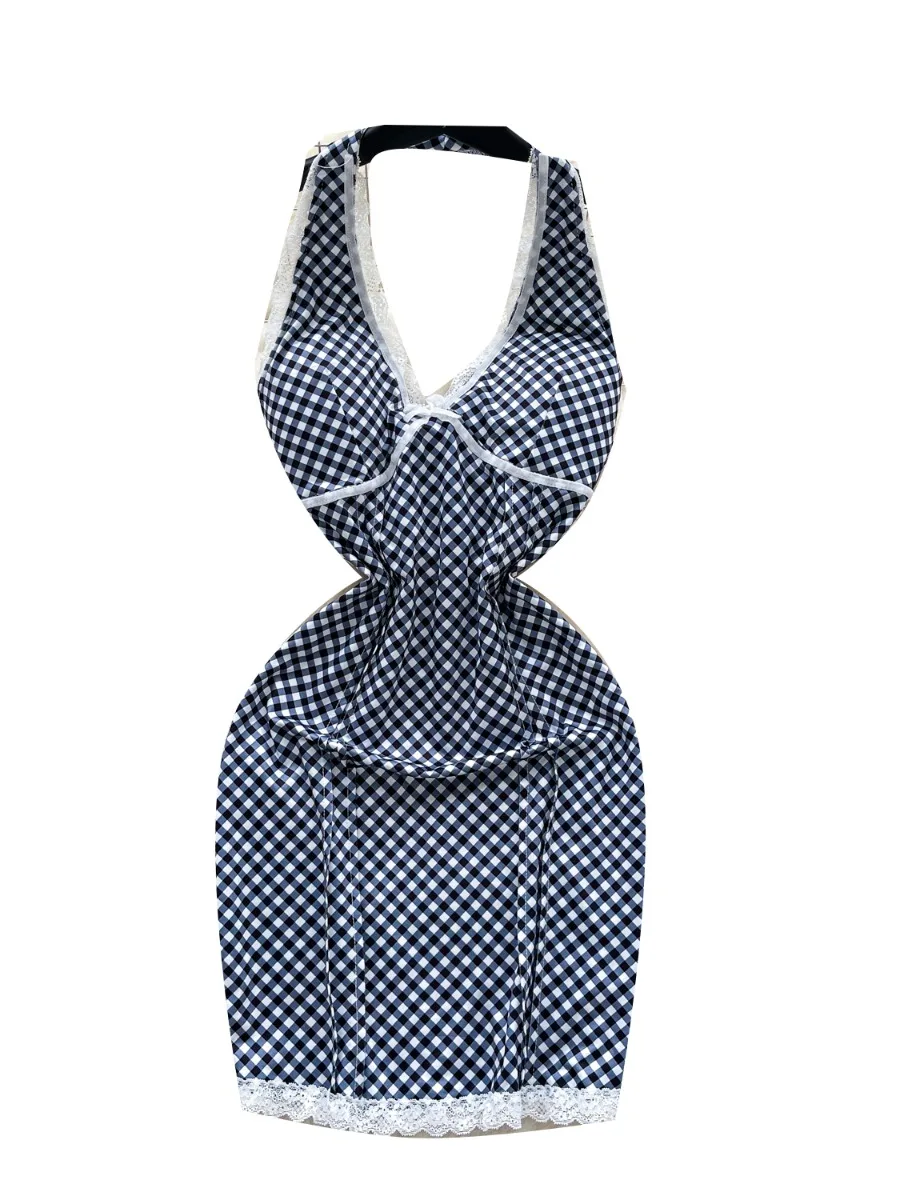 Foamlina moda Pure Desire vestido con cuello en V mujeres 2025 verano encaje Patchwork Halter Correa ceñido al cuerpo Mini vestido a cuadros