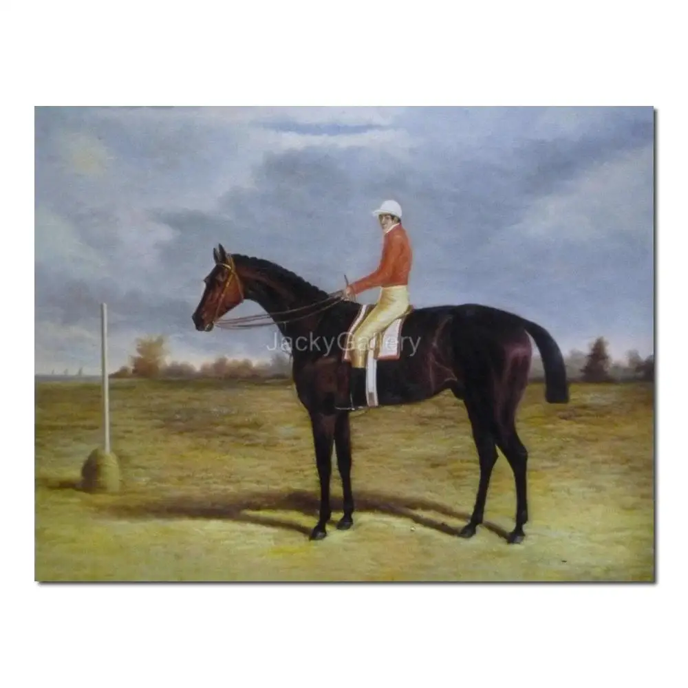 Handmade John Frederick Herring Sr Animal Dark Bay Racehorse Patrick Connolly up Classical Oil on Canvas Artwork for Study