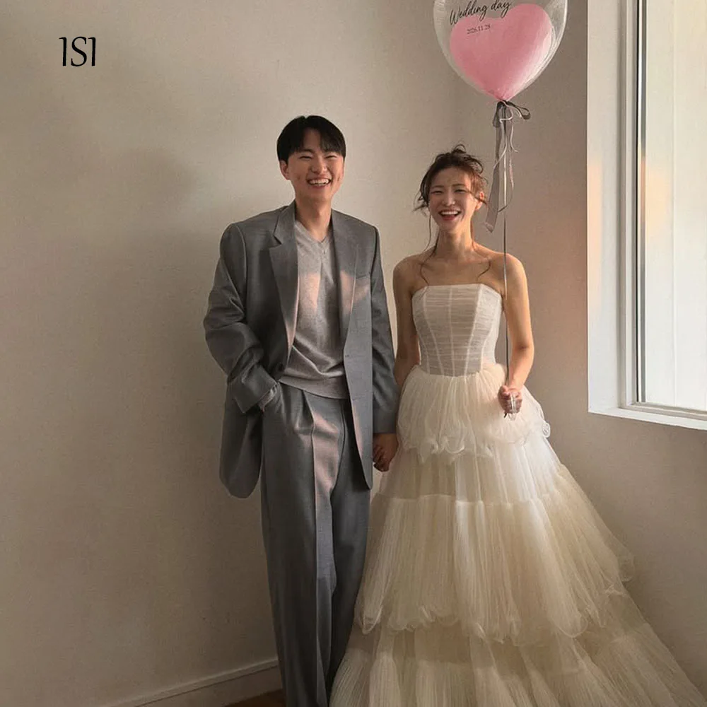 ISI Fluffy Tulle Strapless A Line Wedding Dresses Korea Photo shoot Ball Gown Princess Snap Dresses for Bride Customized