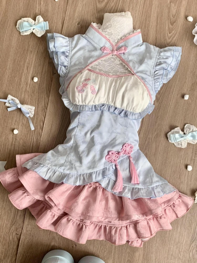 Summer Japanese Kawaii Sweet 2 Piece Sets Women Y2k Fairy Design Tops + High Waist Chic Skirt Female Chic Korean Popular Clothes image 2