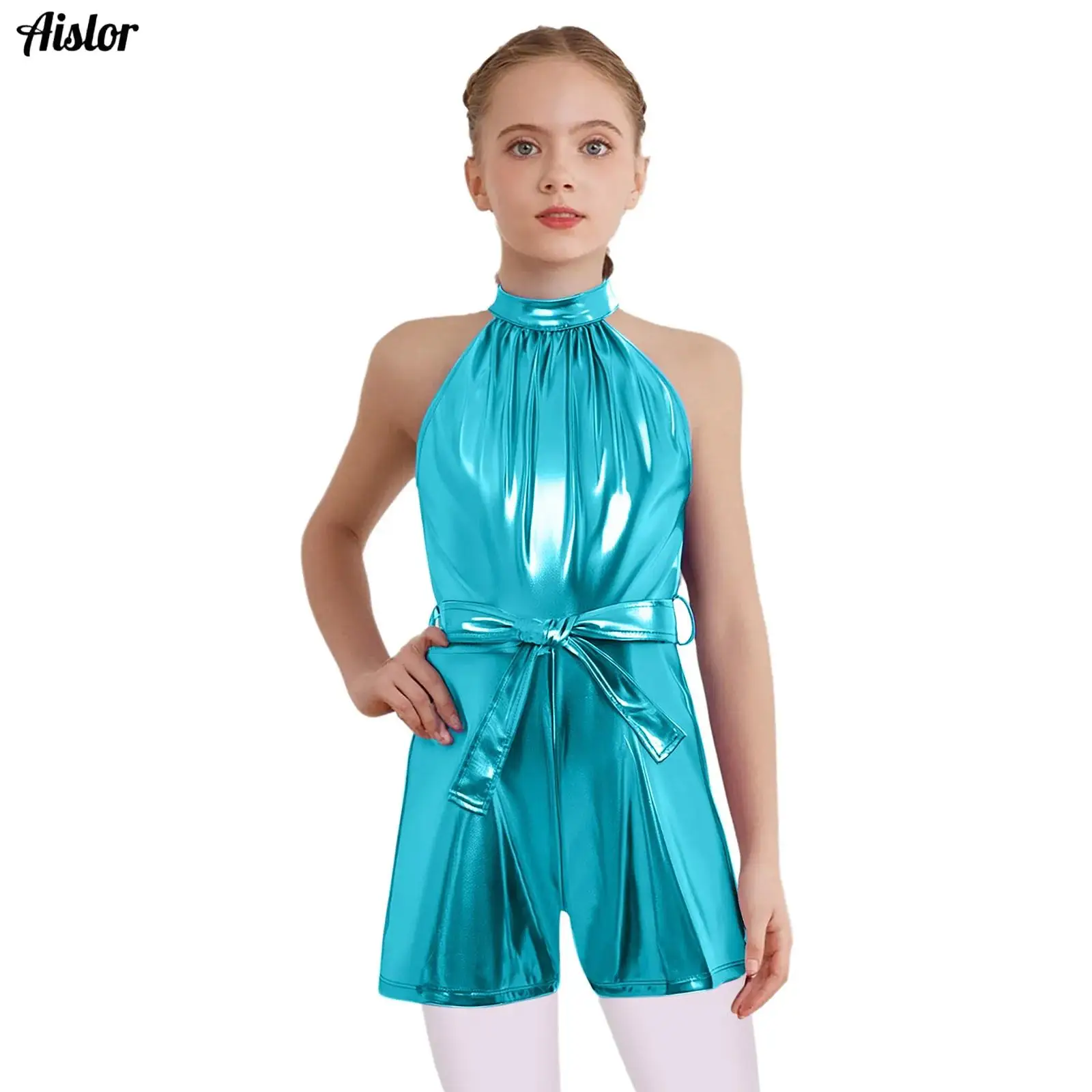

Kids Girls Jazz Dance Jumpsuits Metallic Shiny Halter Sleeveless Rompers with Belt for Birthday Party Ballroom Tango Dancewear