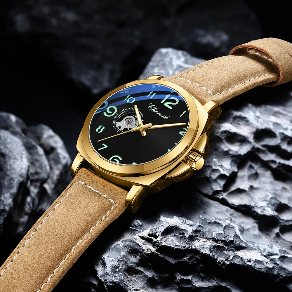 Fully Automatic Mechanical Men's Watch Round Dial Waterproof Luminous Men's Wristwatch Leather Band Man Watches CHENXI