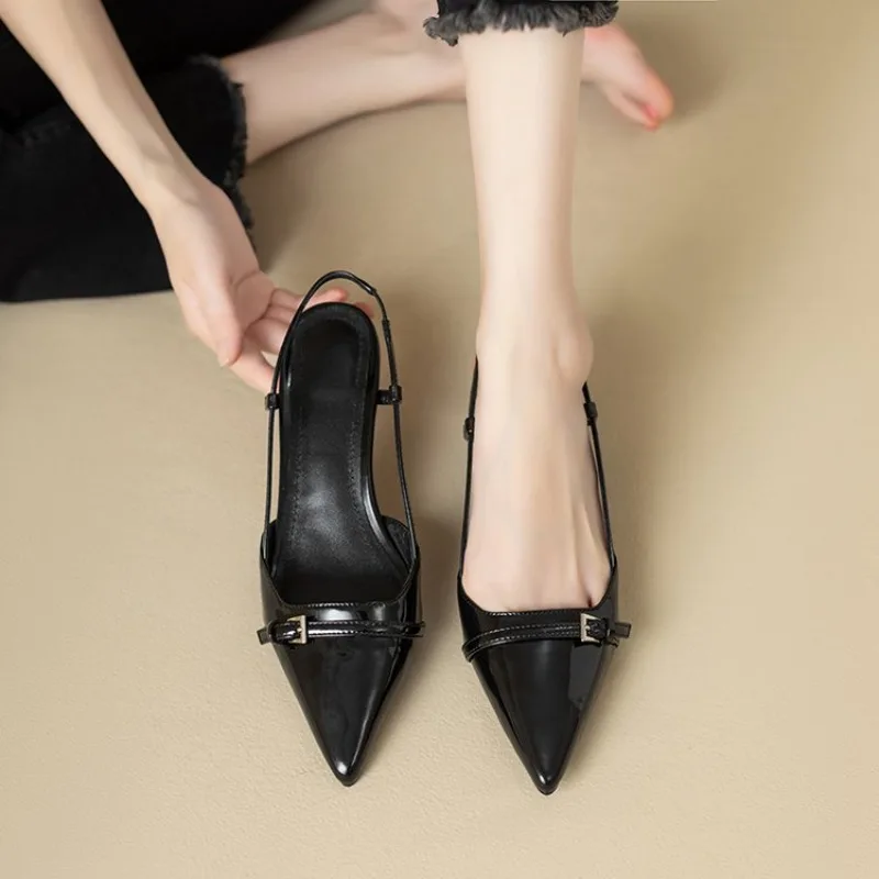 2026New Summer Women's Patent Leather Pointed Toe Sandals with Buckle Open Heel Fashionable Mid-Heel Sandals By Zapatos De Mujer