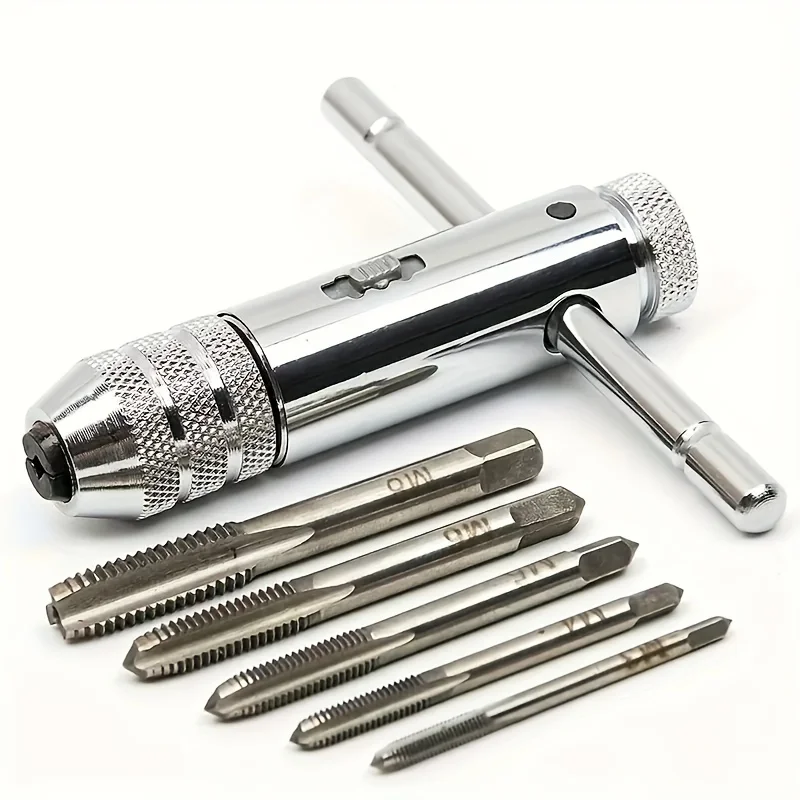 6pcs Adjustable T-Handle Ratcheting Tapping Wrench Set, M3-M8 Metric Plug Tap Wrench for Wire Tapping