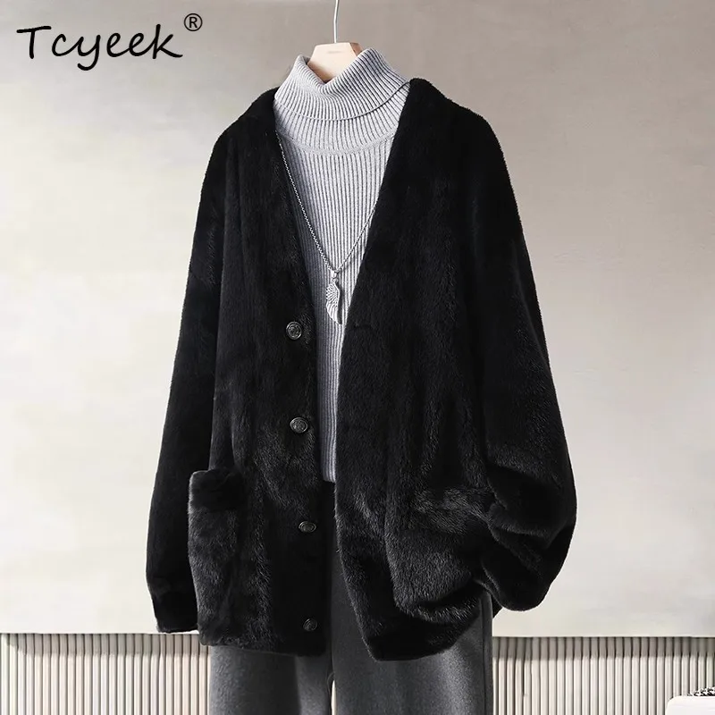 

Tcyeek Natural Mink Real Fur Coat Men Winter Jacket Real Whole Mink Mens Coats New in Outerwears 2025 V-neck Куртка Мужская