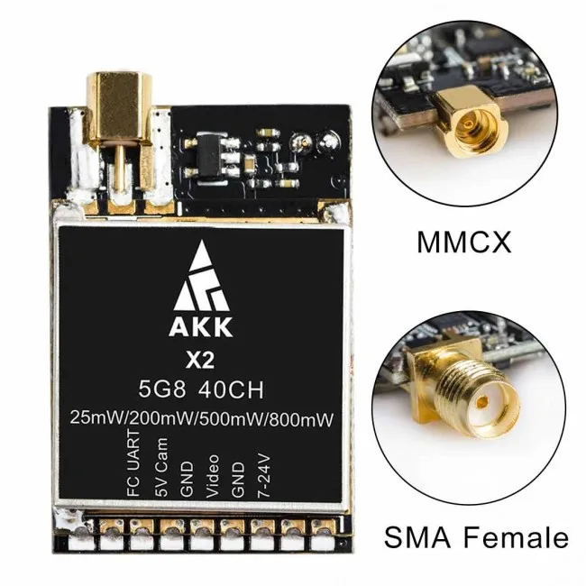 AKK X2 MMCX FPV VTX Video Transmitter works with Betaflight 5.8Ghz 37CH 25mW/200mW/500mW/800mW Switchable FPV OSD FC