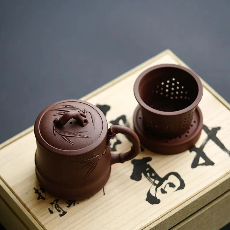 Gaosheng bamboo joint liner cover cup, Yixing purple sand, bottom groove green 500cc