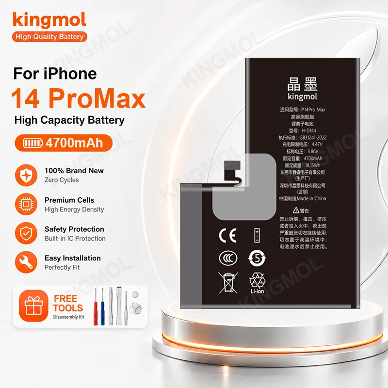 Kingmol High Capacity Battery for iPhone 15 14 13 12 Pro Max Plus Replacement Batteries Bateria + Free Repair Tools Warranty