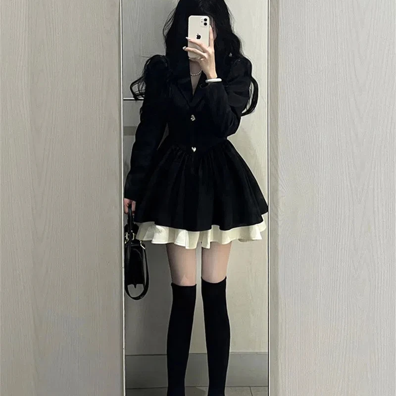 French High-end Temperament Black Suit Dress Women\'s Plus Size Waist Cinched Princess Puffy Skirt