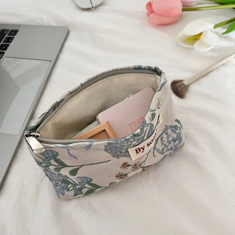 French Embossed Flowers Travel Cosmetic Storage Bag Wallet Cute Women Makeup Kits Handbags Phone Pencil Case Organizer Pouch Bag