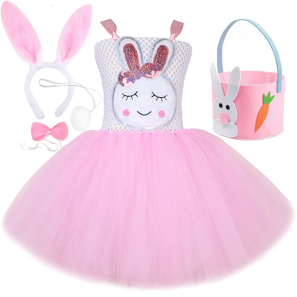 Pink Easter Bunny Mesh Dress Cartoon Animal Princess Dress Children's Show Party Puff Dress Birthday Costume Tutu Dress Children