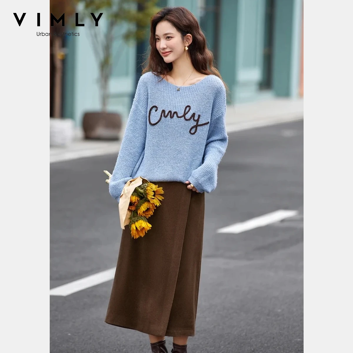 

VIMLY Fall 2026 Fashion Woman New Knit Letter Embroider Sweaters Ladies Casual Long Sleeve Round Neck Loose Pull Femmes 75088