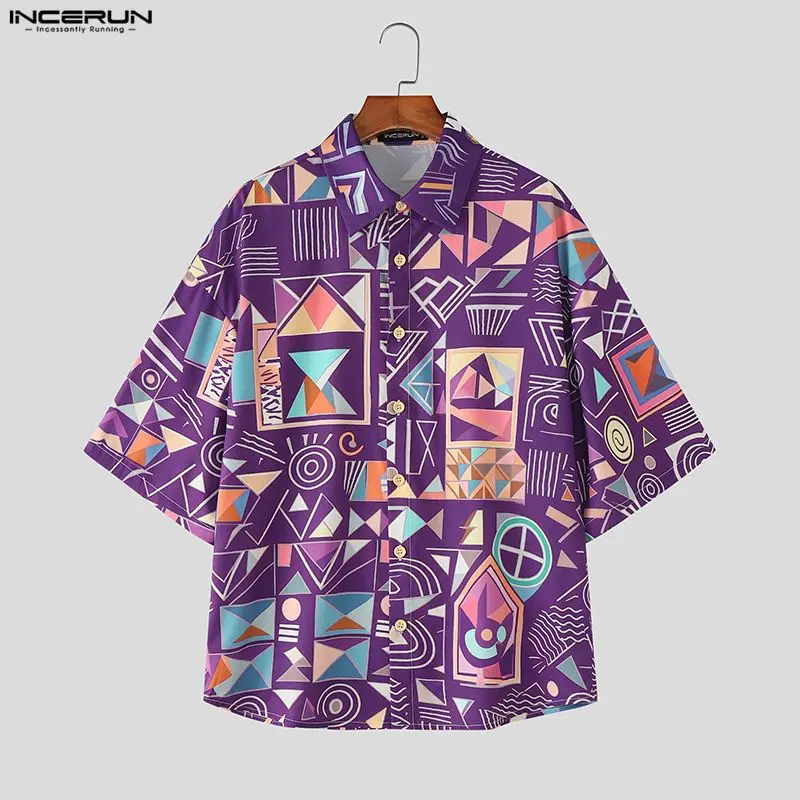 

INCERUN Men Shirt Flower Printing Lapel Short Sleeve Button Men Clothes Streetwear Loose 2026 Fashion Casual Tops For Man Shirts