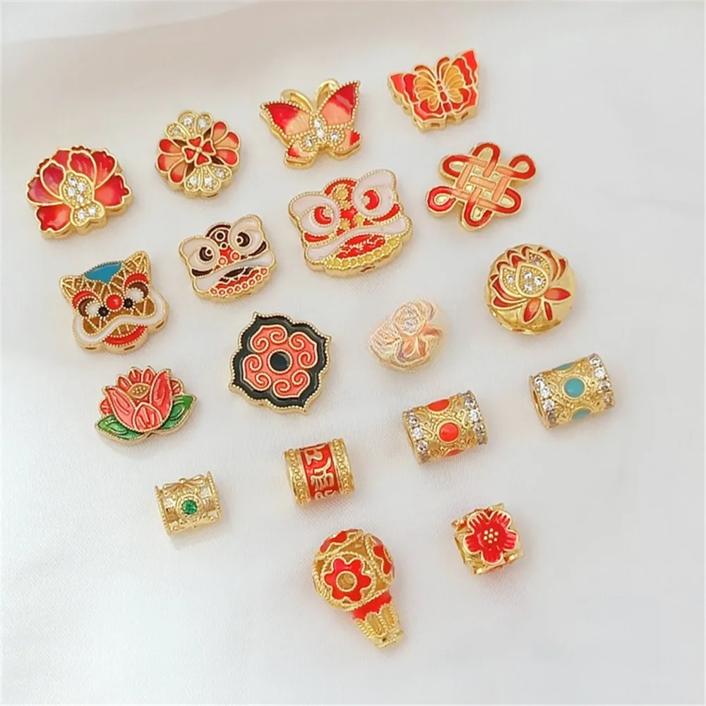 18K Gold-plated Zirconium-inlaid Oil-dripping Red Festive Peach Blossom Chinese Knot Lotus with Hollowed-out Beaded Ornaments