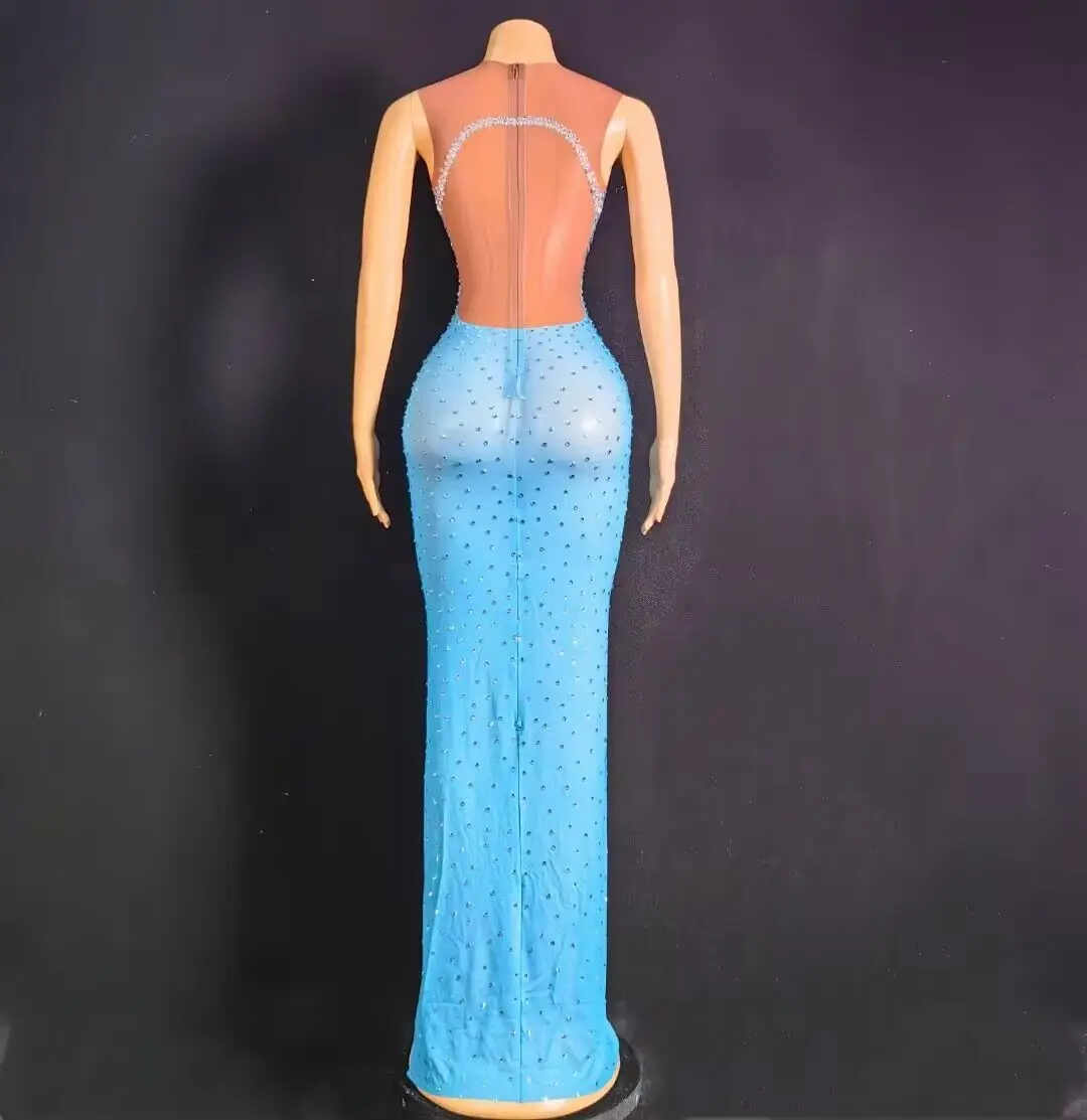 2024 New Spring Women Sleeveless Sexy Mesh Shinning Rhinestones Bodycon Long Dress Elegant Evening Party Performance Costumes