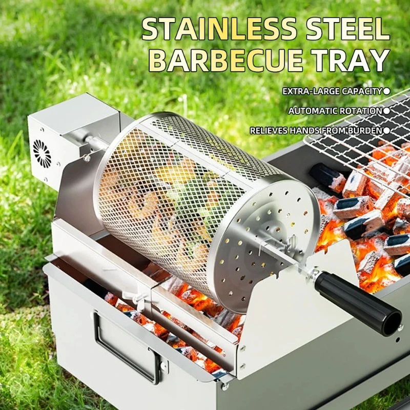 Camping BBQ Rotary Grill, Automatic Rotating Round Grill Net Basket for Outdoor Barbecue