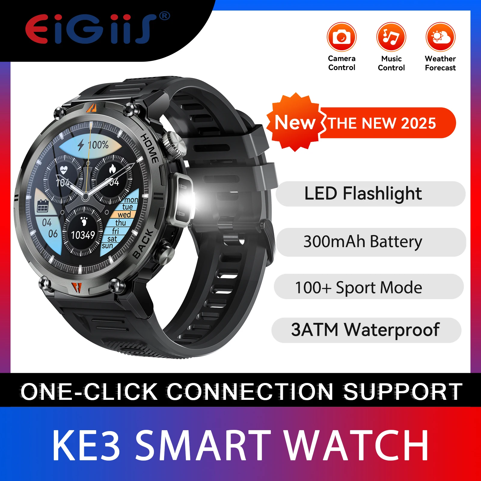 

EIGIIS 2024 New KE3 Smart Watch 3ATM Waterproof Original For Men Bluetooth Call Health Monitor With Flashlight 100+ Sports Modes