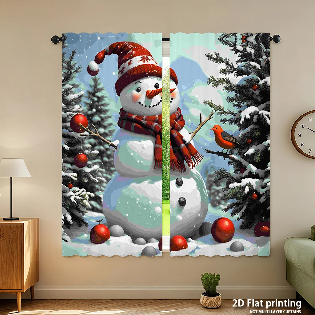 2-piece set of high-definition digital printed curtainschristmas snowman red scarf colorful balls winter treeHome decoration sty