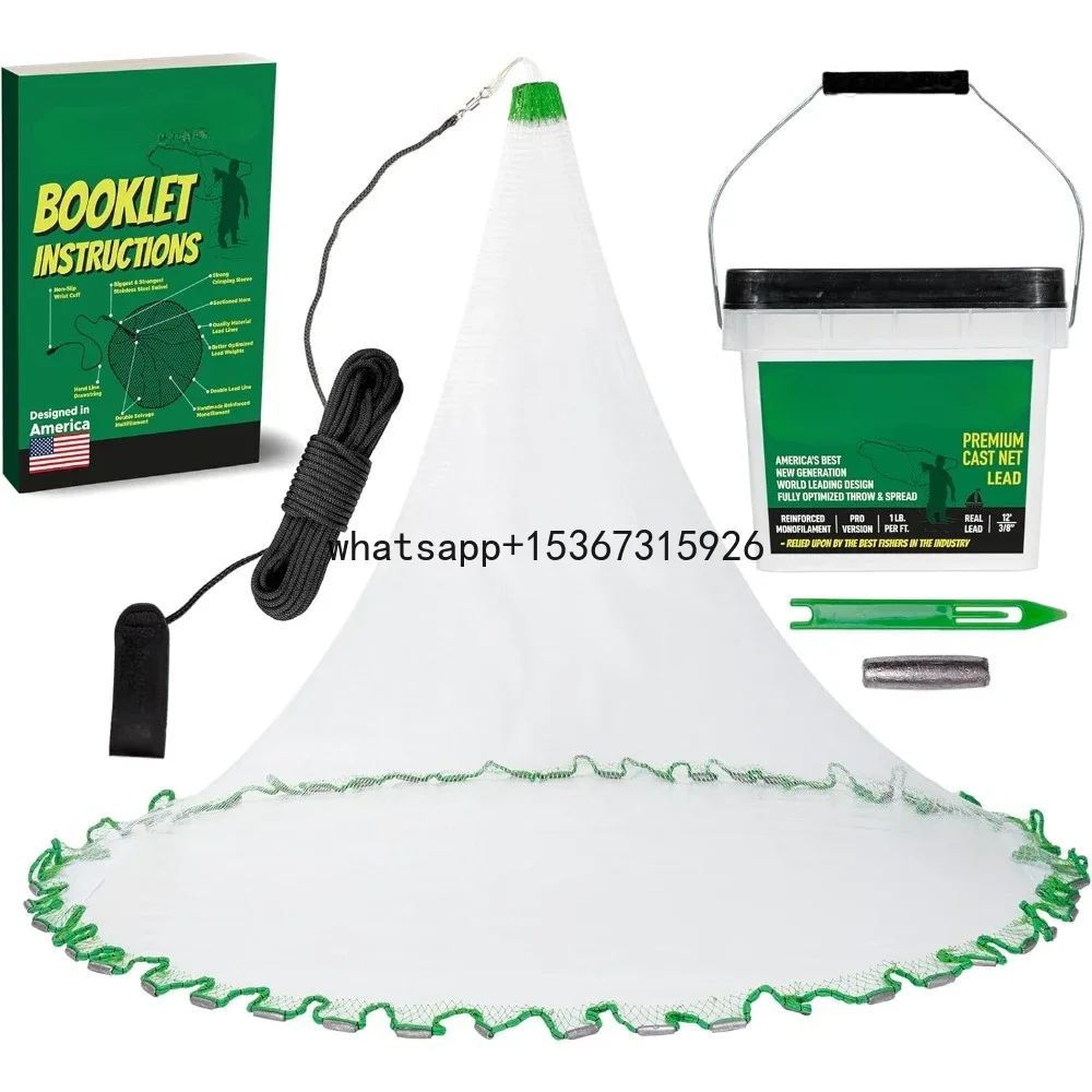 Red de pesca de 12 pies, 3/8 ", malla de plomo Real, 1 lb/ pies, doble línea, red fundida Premium de sal antigua para pesca, libro electrónico y caja de utilidad incluida