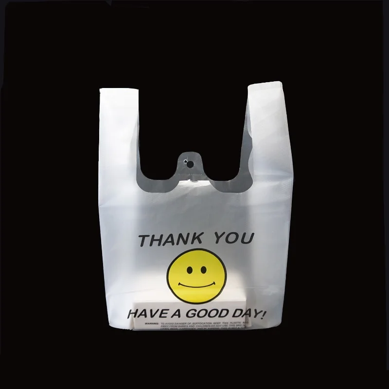 50pcs/pack 20x32cm Carry Out Bags Smile Gift Bag Retail Supermarket Grocery Shopping Plastic Bags With Handle Food Packaging