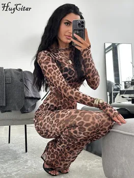 Hugcitar Leopard Print Mesh Long Sleeve Sexy Slim  See Through Maxi Dress Fall Women Fashion Outfits Beach Vacation Club 3