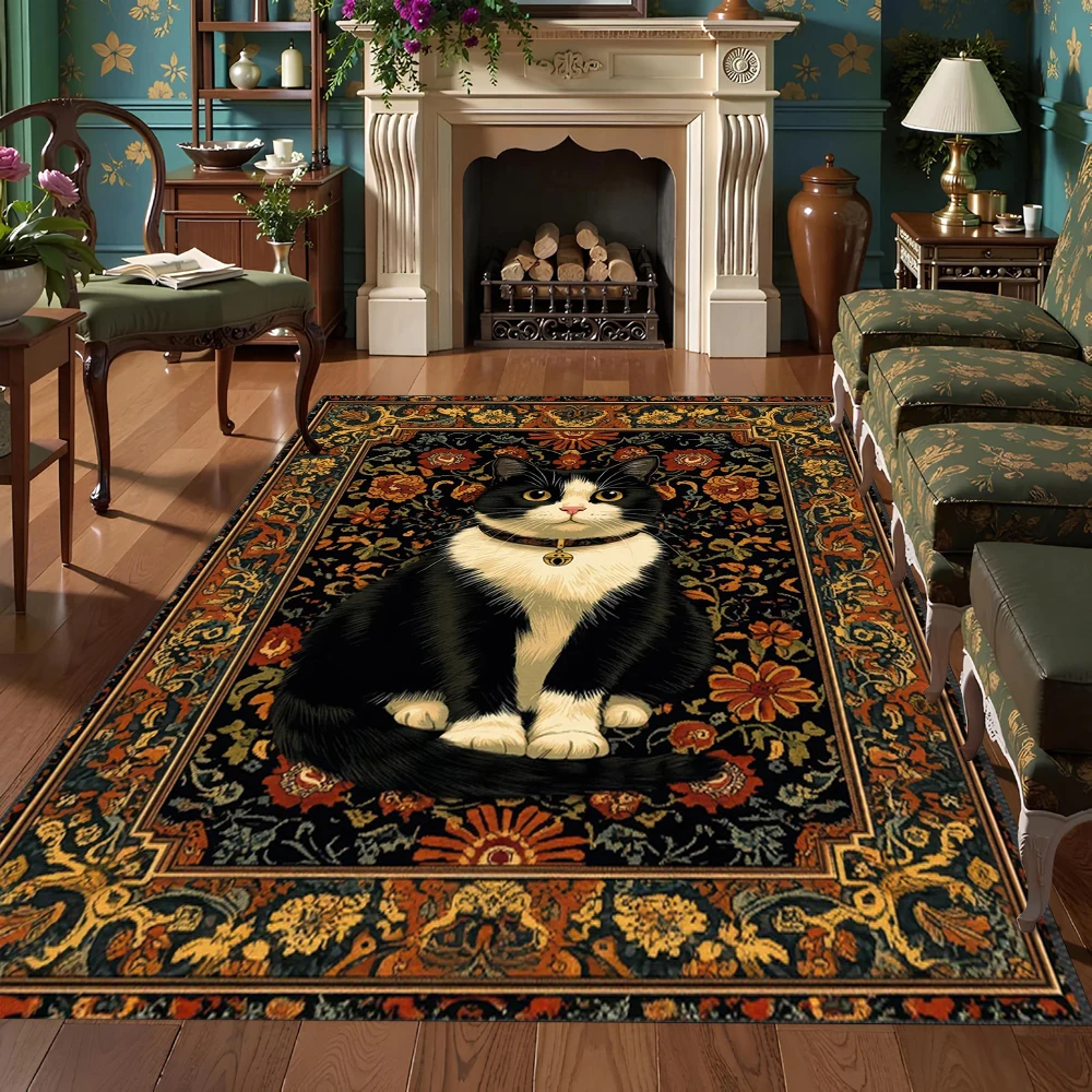 Visual 3D Carpet Cute Cat Printed Carpet Bohemian Style Border Door Mat Living Room Bedroom Decoration Rug