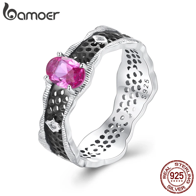 BAMOER New Authentic 925 Sterling Silver Vintage Lace Sparkling Rose CZ Finger Ring For Women Luxury AAAAA CZ Wedding Jewelry