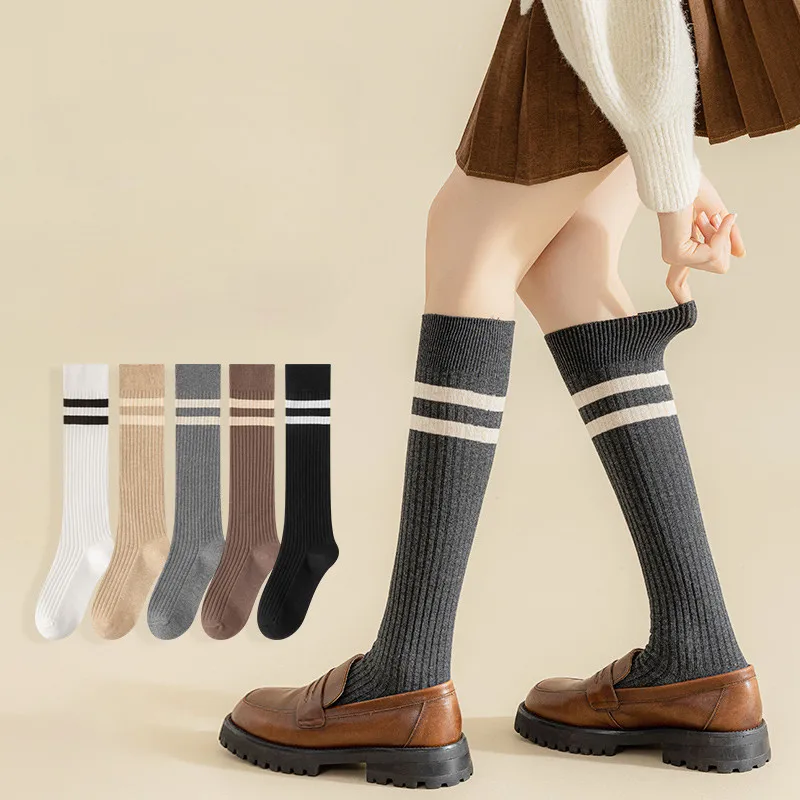 Calcetines largos de algodón a rayas para mujer, medias hasta la rodilla, tubo largo, pierna, Color sólido, cálido, japonés, JK, negro, blanco, niñas, estudiantes