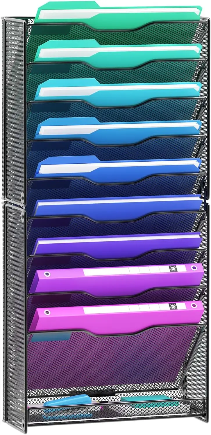 

10-уровневый настенный органайзер для файлов с плоским подносом для офиса, дома, школы - черный