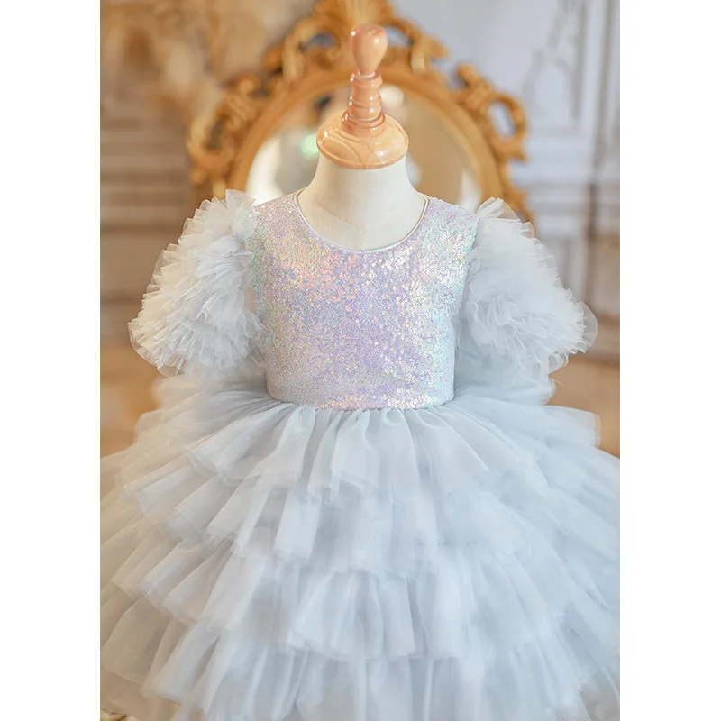

High-End First Birthday Puffy Dress for Baby Girls, Stylish Blue Dress for Little Hosts, Fashion Show, Piano Performance, and Pe